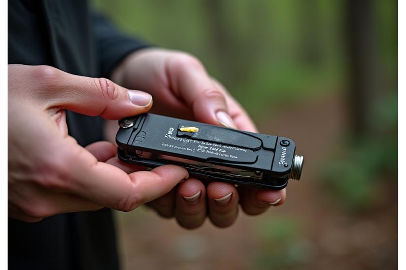 Close-up of a hand inspecting a multi-tool in an outdoor setting